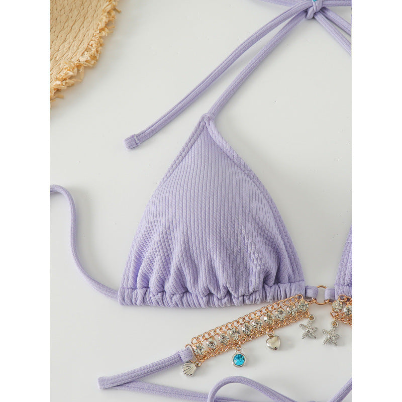Damen Triangel-Bikini mit modischen Schmuckdetails und BindR&Bändern R&B