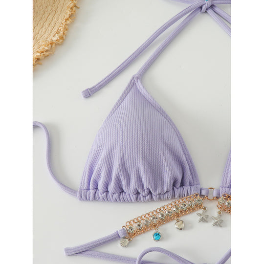 Damen Triangel-Bikini mit modischen Schmuckdetails und Bindebändern R&B