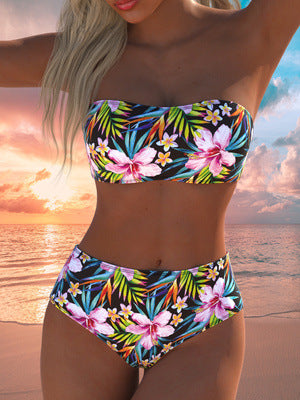 Damen Bandeau-Bikini-Set mit hochgeschnittenem Höschen und tropischem Blütenmuster R&B