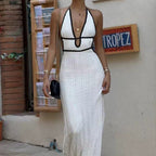 Damen Strickkleid im Boho-Stil mit tiefem Ausschnitt und Rückenfreiform R&B