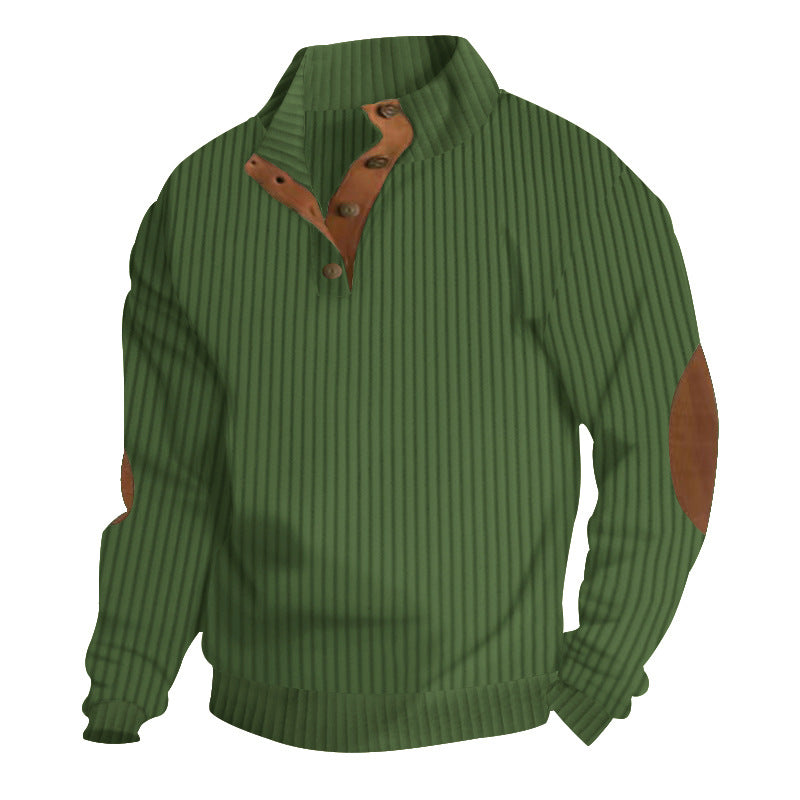 Herren nan strukturierter Ripp-Pullover mit kurzem Knopfkragen und Wildleder-Ellbogenpatches R&B