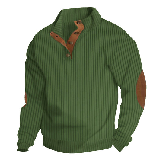 Herren nan strukturierter Ripp-Pullover mit kurzem Knopfkragen und Wildleder-Ellbogenpatches R&B