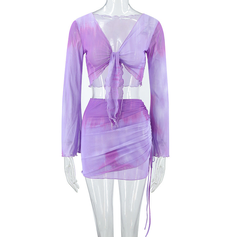 Damen lässiges Crop-Top mit asymmetrischem Rock und langen Ärmeln R&B
