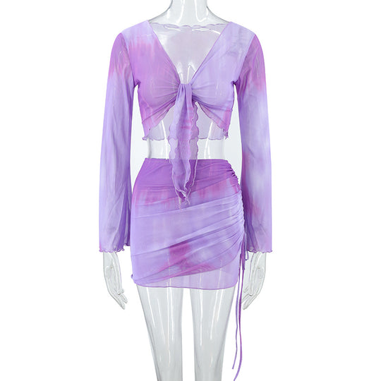 Damen lässiges Crop-Top mit asymmetrischem Rock und langen Ärmeln R&B