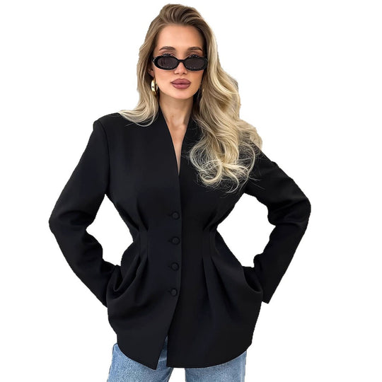 Damen nan figurbetonter Blazer mit Wiener Nähten, bezogenen Knöpfen und taillierter Falten-Silhouette R&B