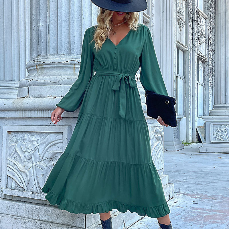 Damen Maxikleid mit Knopfleiste, Taillengürtel und Rüschensaum R&B