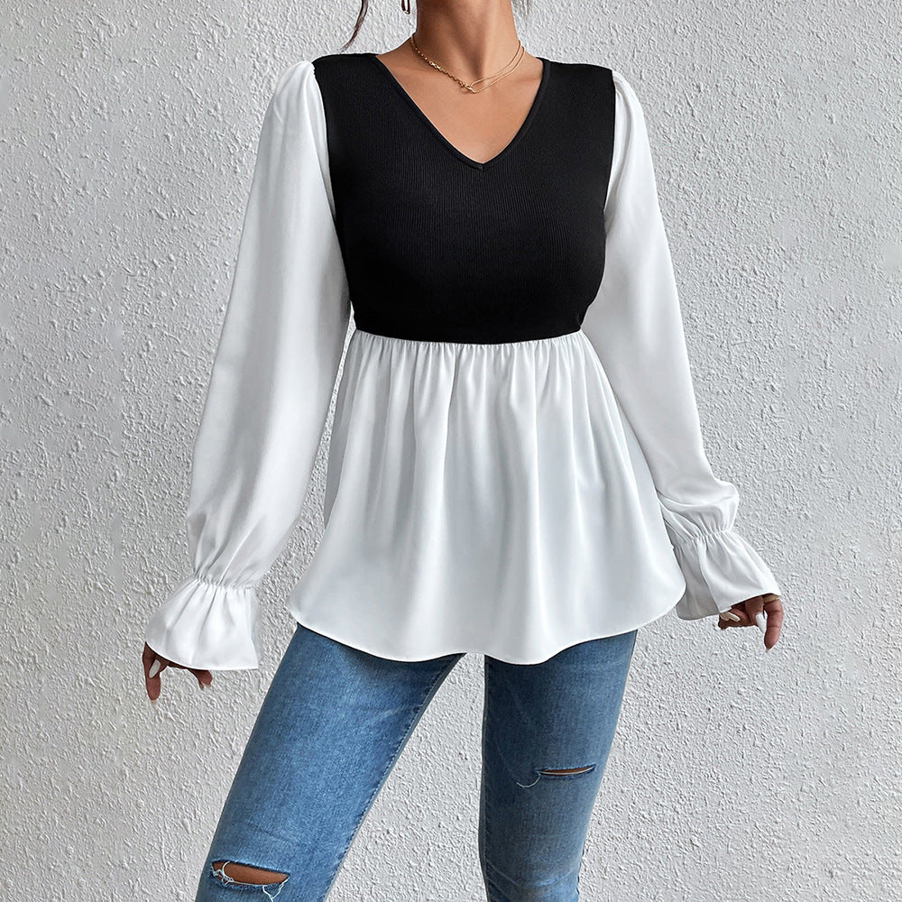 Damen elegantes Oberteil mit asymmetrischem V-Ausschnitt und Puffärmeln R&B