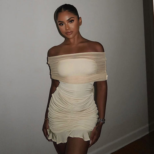 Damen figurbetontes Minikleid mit voluminösen Puffärmeln und Rüschensaum R&B