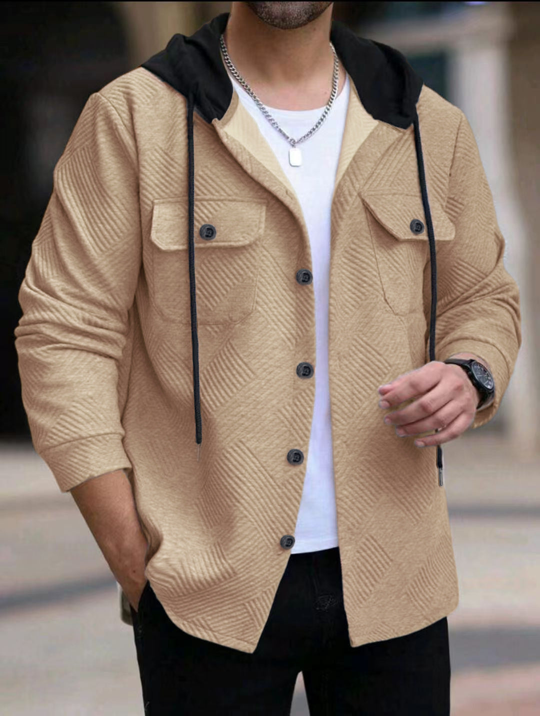 Herren lässige Utility-Jacke mit Kapuze und strukturiertem Muster R&B