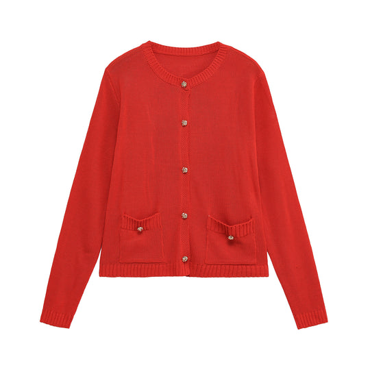 Damen bequeme Strickjacke mit Knopfdetails und aufgesetzten Taschen R&B