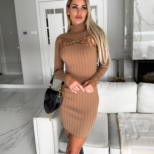 Damen figurbetontes Strickkleid mit Ausschnitt und Langarm R&B