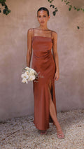 Damen Elegantes Maxikleid mit seitlichem Schlitz und schmalen Trägern R&B