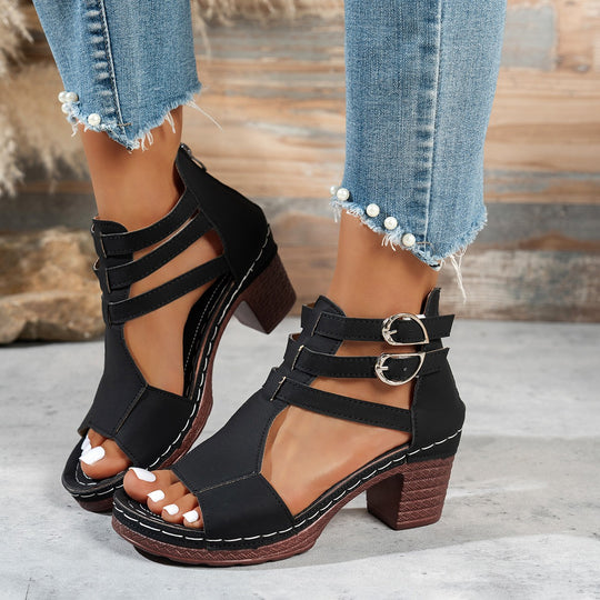 Damen Offene Riemensandalen mit Blockabsatz und Doppel-Schnallen R&B