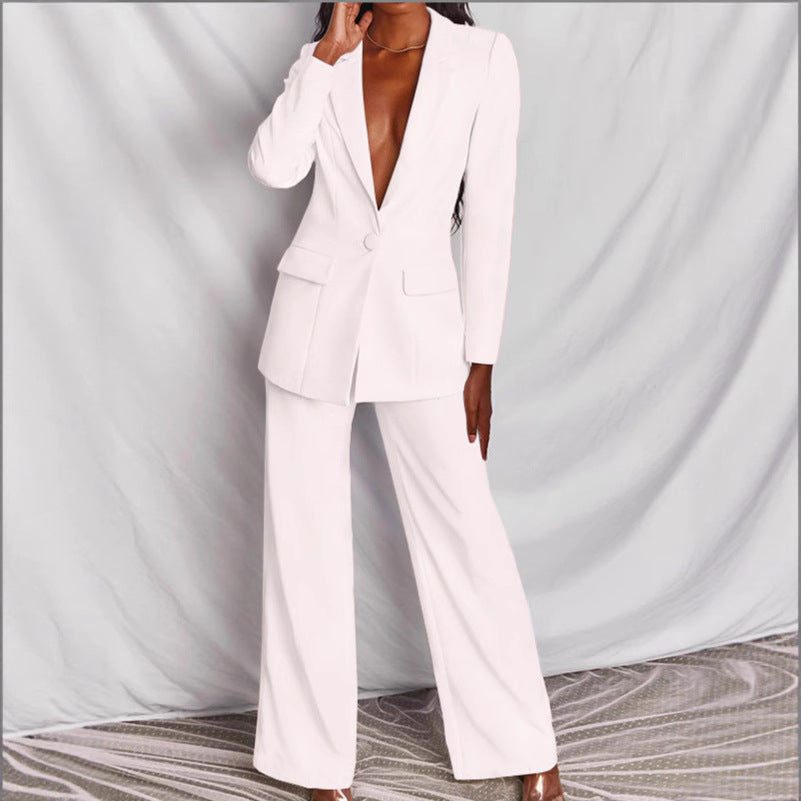 Damen nan taillierter Ein-Knopf-Blazer mit Pattentaschen und weiter Palazzo-Hose Hosenanzug R&B