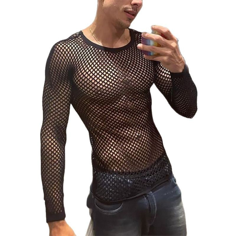 Unisex nan durchscheinendes Diamantnetz-Langarmshirt mit Rundhalsausschnitt R&B