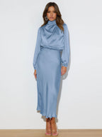 Damen Satin-Maxikleid mit hohem Kragen und Raffungen R&B