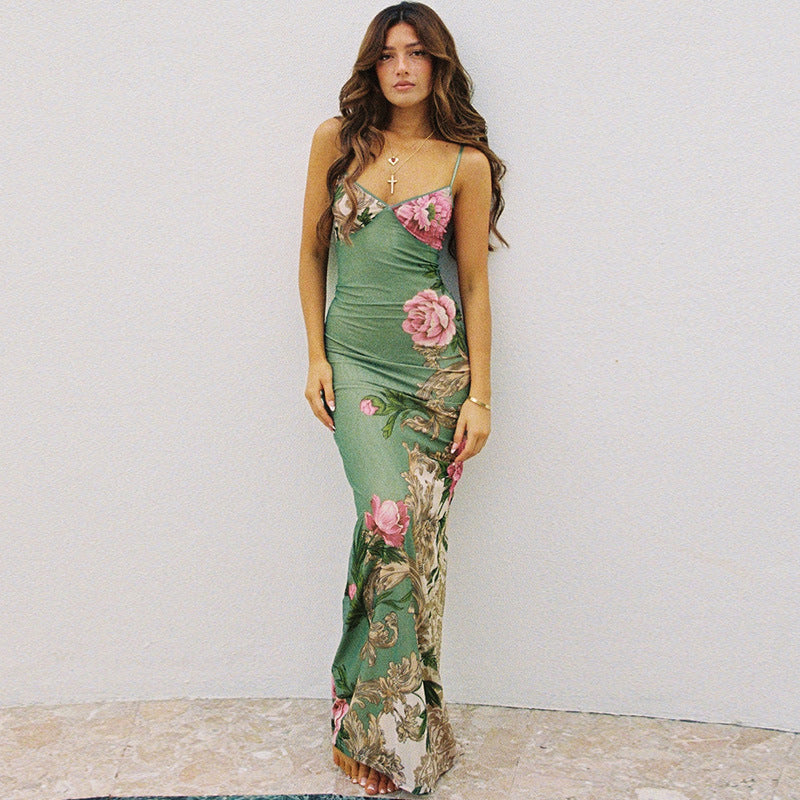 Damen elegantes Maxikleid mit zarten Rüschen und tiefem V-Ausschnitt R&B