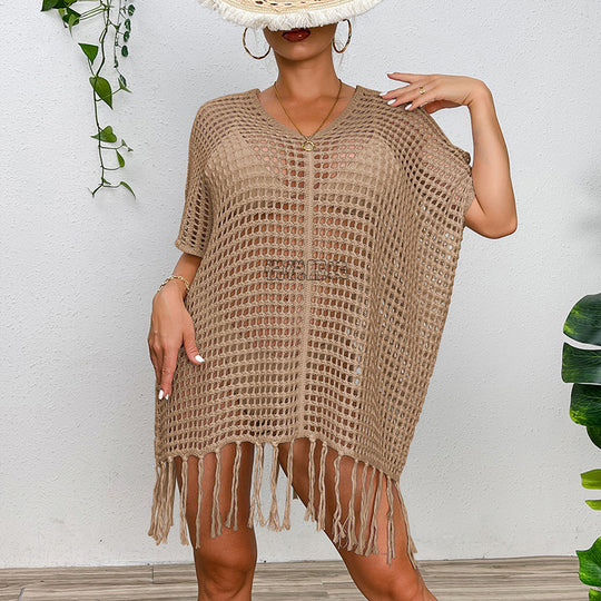 Damen Häkel-Strandtunika mit Fransen und transparentem Design R&B