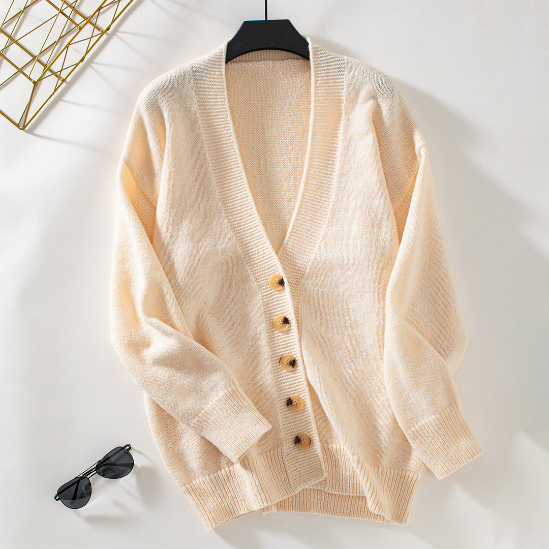 Damen gemütliche Strickjacke mit Knopfdetails und tiefem V-Ausschnitt R&B