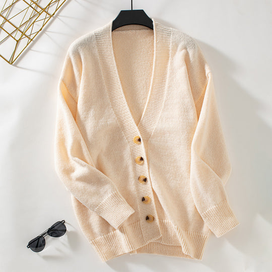 Damen gemütliche Strickjacke mit Knopfdetails und tiefem V-Ausschnitt R&B
