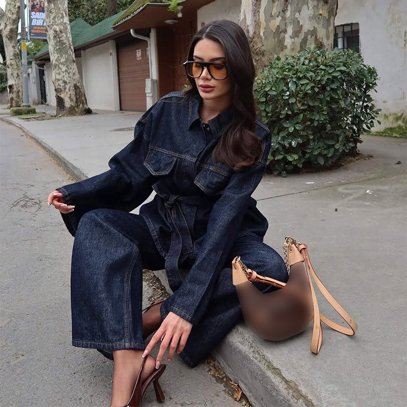 Damen lässige Denim-Jacke mit Gürtel und weitem Schnitt R&B