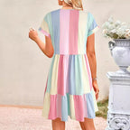 Damen lässiges Sommerkleid im modernen Streifendesign mit V-Ausschnitt und Volant R&B