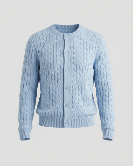 Damen kurzes Zopfmuster-Cardigan mit Rundhalsausschnitt und minimalistischer Knopfleiste R&B
