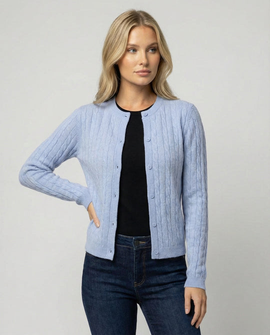 Damen kurzes Zopfmuster-Cardigan mit Rundhalsausschnitt und minimalistischer Knopfleiste R&B