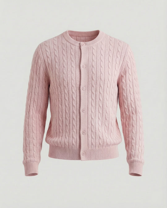 Damen kurzes Zopfmuster-Cardigan mit Rundhalsausschnitt und minimalistischer Knopfleiste R&B