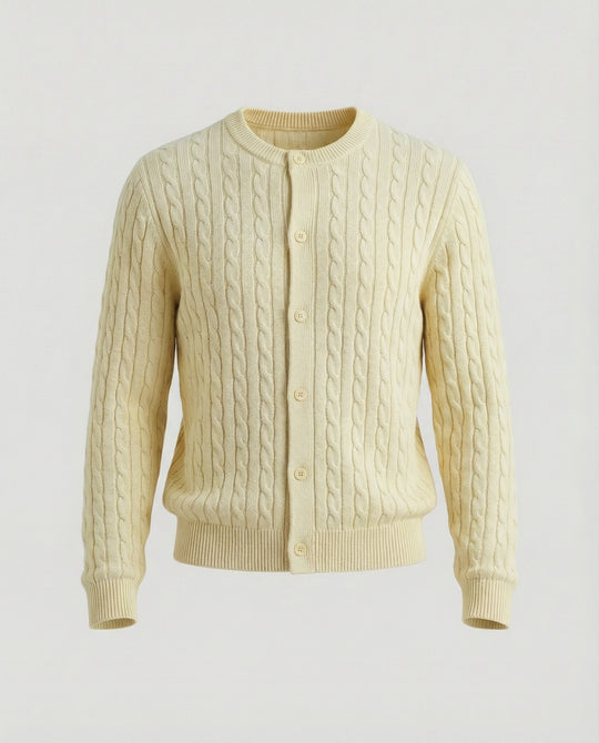 Damen kurzes Zopfmuster-Cardigan mit Rundhalsausschnitt und minimalistischer Knopfleiste R&B
