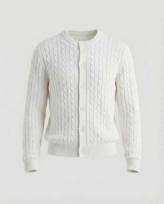 Damen kurzes Zopfmuster-Cardigan mit Rundhalsausschnitt und minimalistischer Knopfleiste R&B
