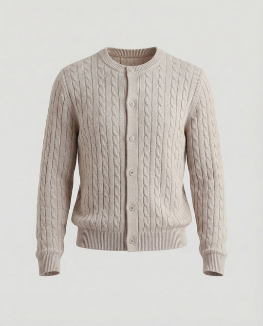 Damen kurzes Zopfmuster-Cardigan mit Rundhalsausschnitt und minimalistischer Knopfleiste R&B