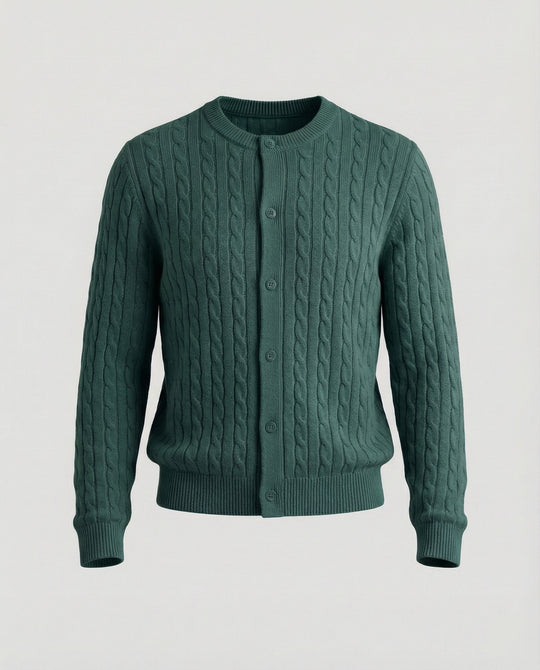 Damen kurzes Zopfmuster-Cardigan mit Rundhalsausschnitt und minimalistischer Knopfleiste R&B