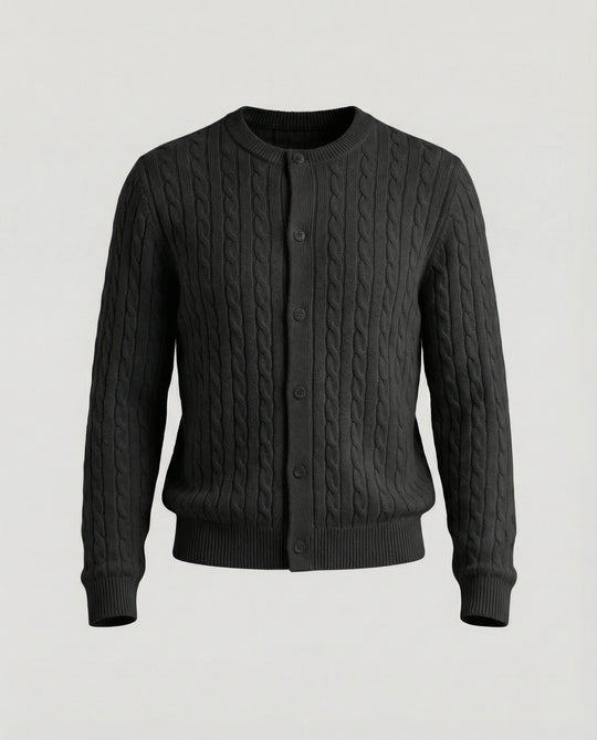 Damen kurzes Zopfmuster-Cardigan mit Rundhalsausschnitt und minimalistischer Knopfleiste R&B
