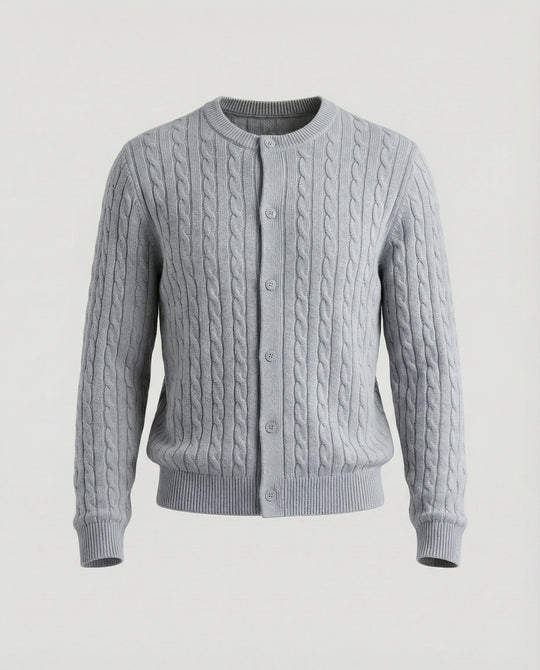 Damen kurzes Zopfmuster-Cardigan mit Rundhalsausschnitt und minimalistischer Knopfleiste R&B