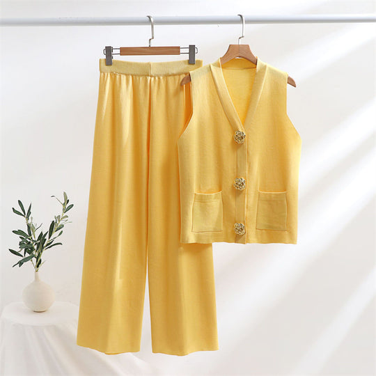 Damen elegantes Strick-Loungewear-Set mit Knopfdetaillierung R&B