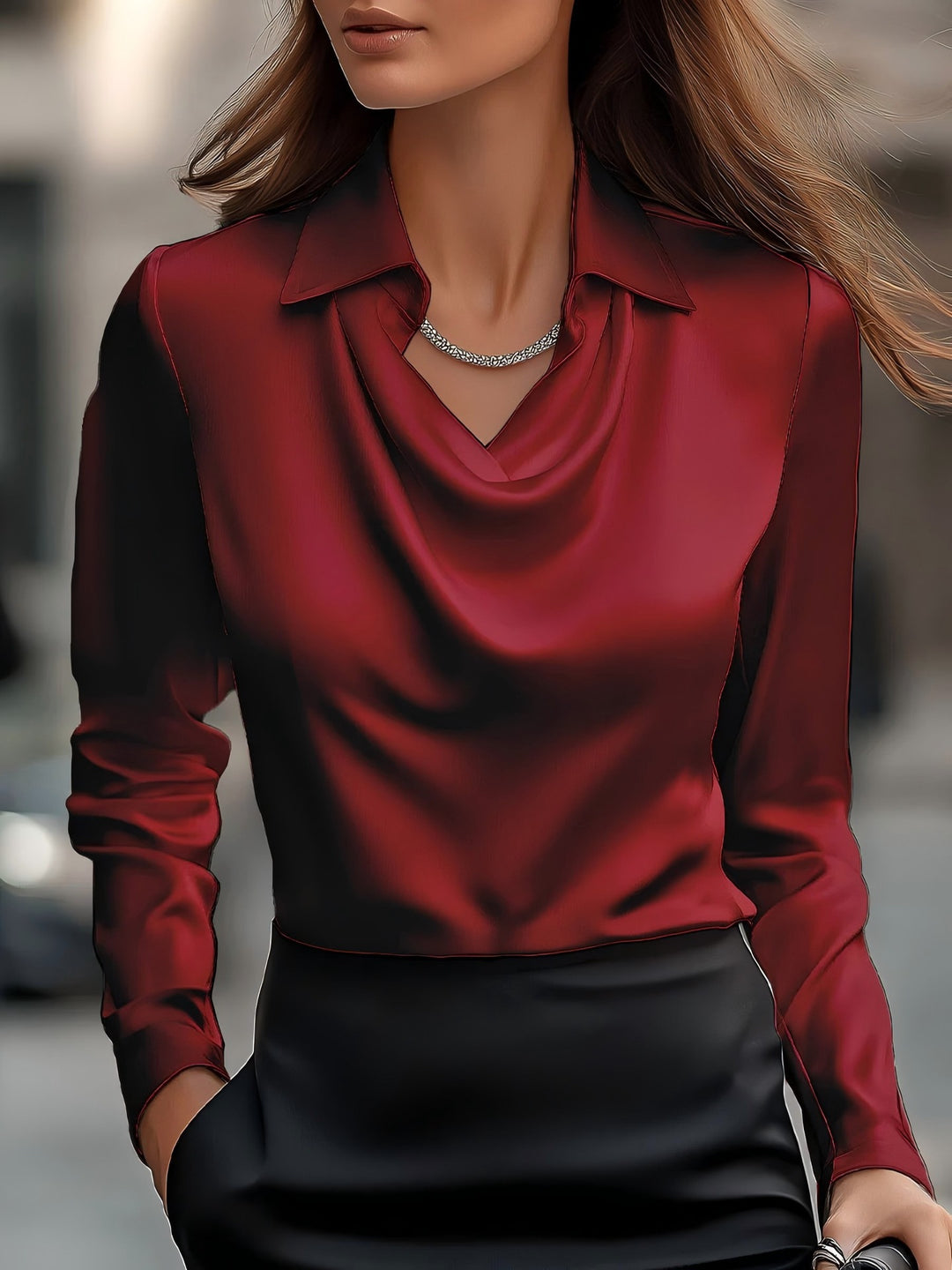 Damen Elegante Bluse mit asymmetrischem Kragen und fließendem Fall R&B