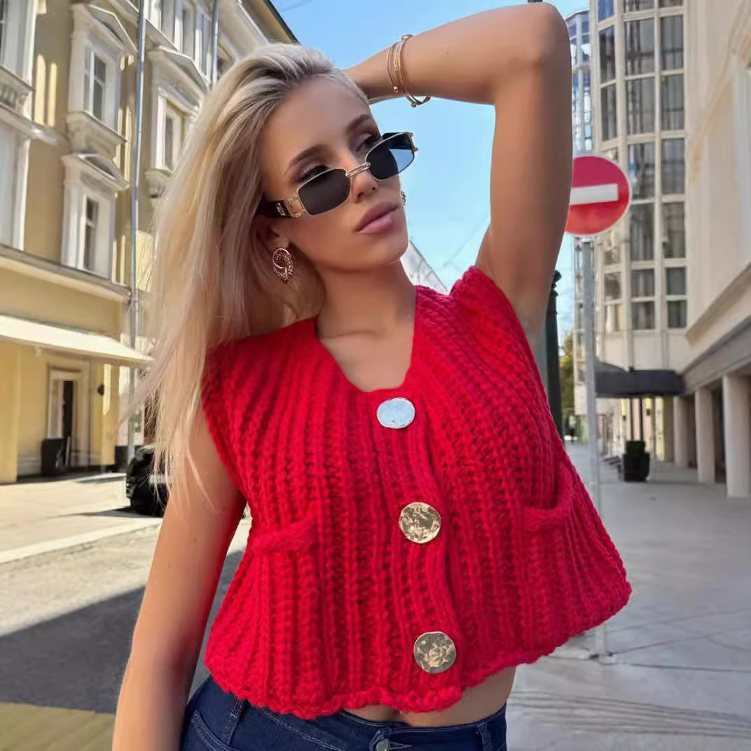 Damen Strickweste mit praktischen Taschen und dekorativen Knöpfen R&B