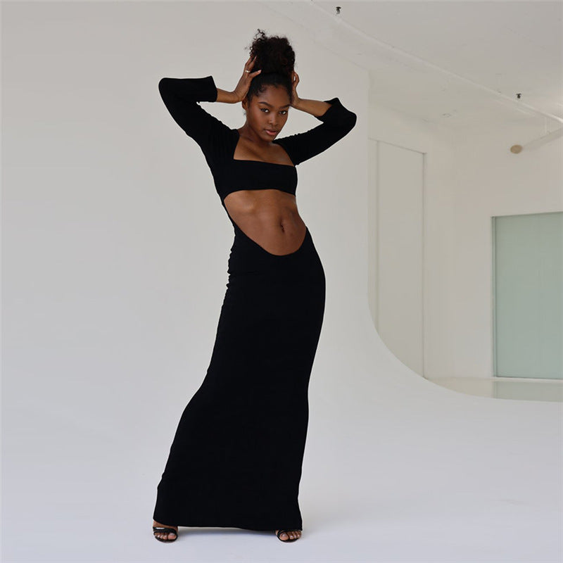 Damen Cut-Out Maxikleid mit langen Ärmeln und figurbetontem Schnitt R&B