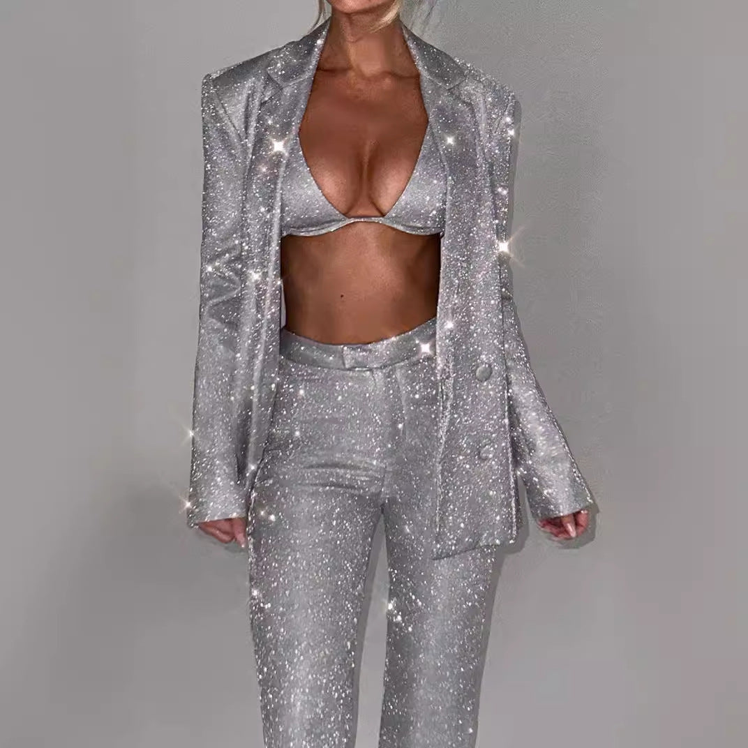 Damen Glitzerndes Anzugset mit Crop-Top und Flared Pants R&B