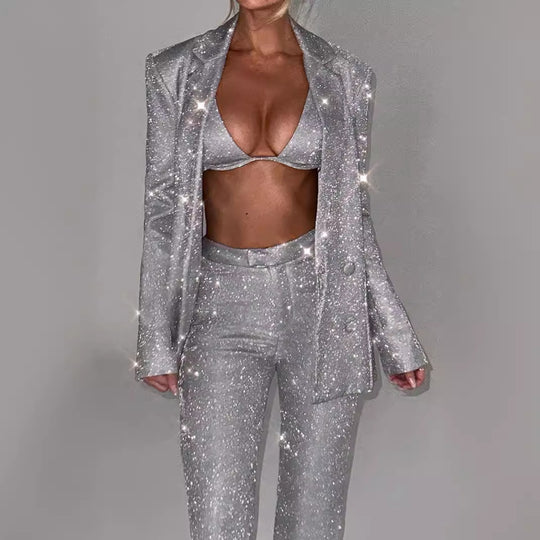 Damen Glitzerndes Anzugset mit Crop-Top und Flared Pants R&B