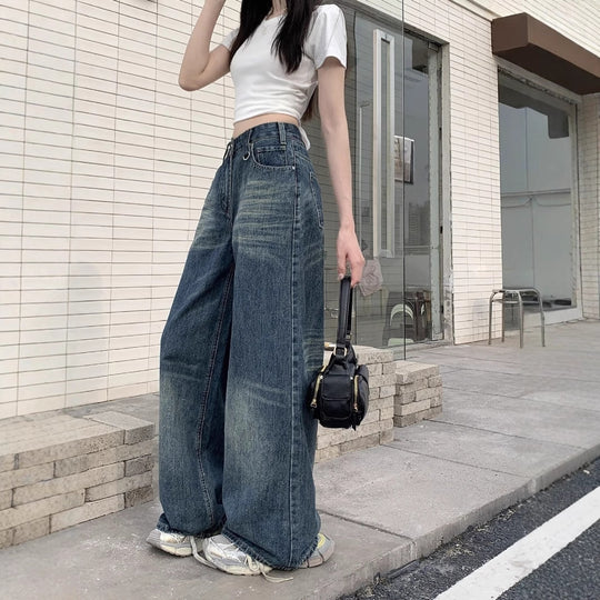 Damen Hoch geschnittene Wide-Leg Jeans mit lässigem Schnitt und einzigartiger Waschung R&B