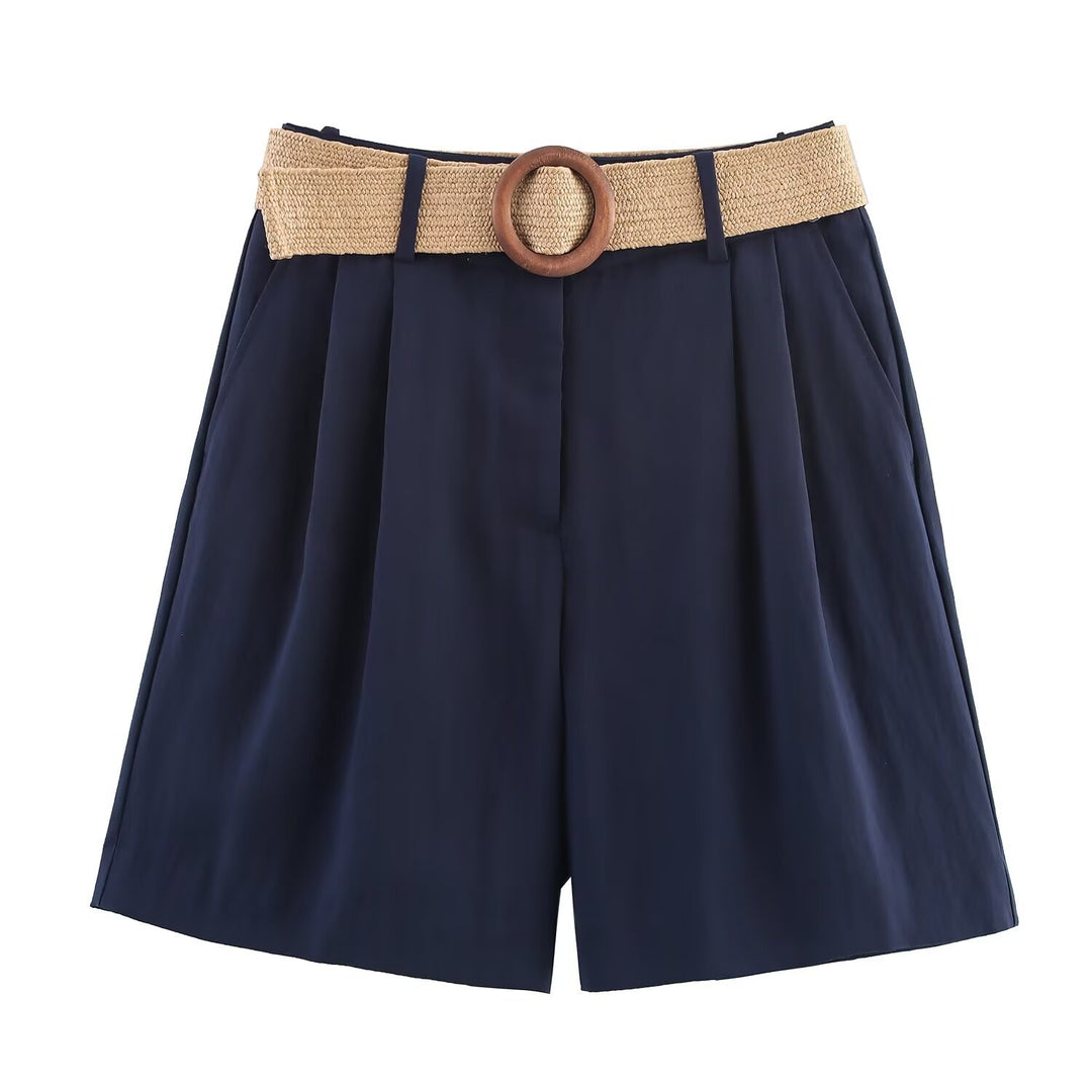 Damen elegante Shorts mit breitem, geflochtenem Gürtel R&B