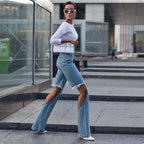 Damen modische Cargo-Jeans mit hohem Schlitz und fransigen Details R&B