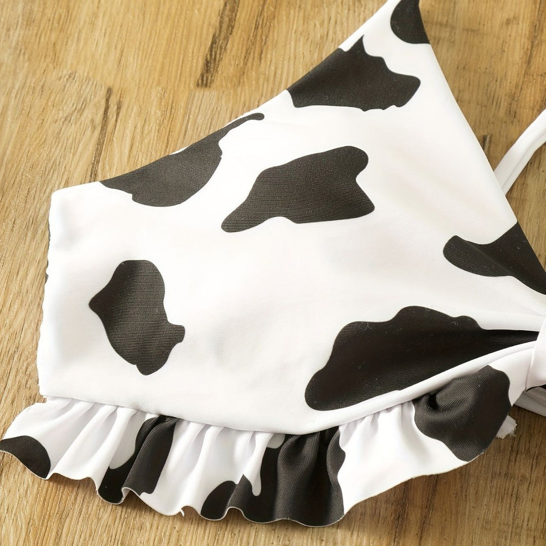 Damen Triangel-Bikini mit franjendetail und verspieltem Kuhmuster R&B