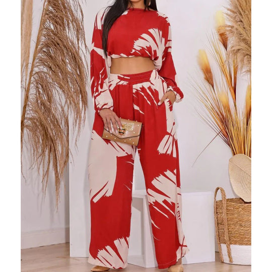 Damen Lässiges Zweiteiler-Set mit weiten Hosen und cropped Oberteil R&B