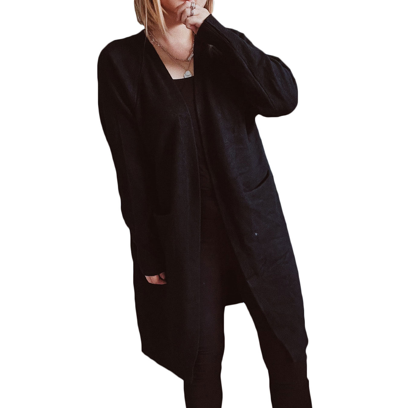 Damen lässiger Strickcardigan mit offenen Fronten und praktischen Taschen R&B