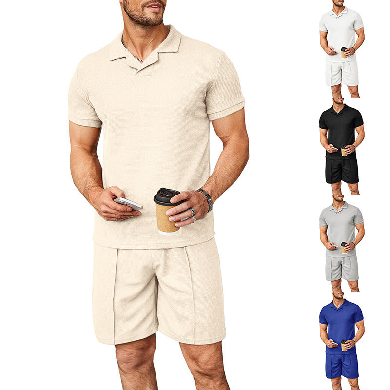 Herren nan zweiteiliges Freizeitset aus strukturierter Baumwollmischung mit Reverspolo und geraden Komfortshorts R&B
