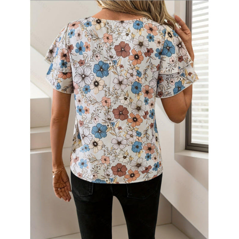 Damen Kurzarm-Bluse mit Volant und floralem Muster R&B