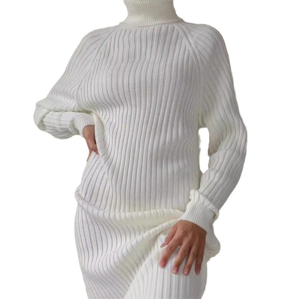 Damen Strickkleid mit hohem Kragen und großen Ärmeln R&B